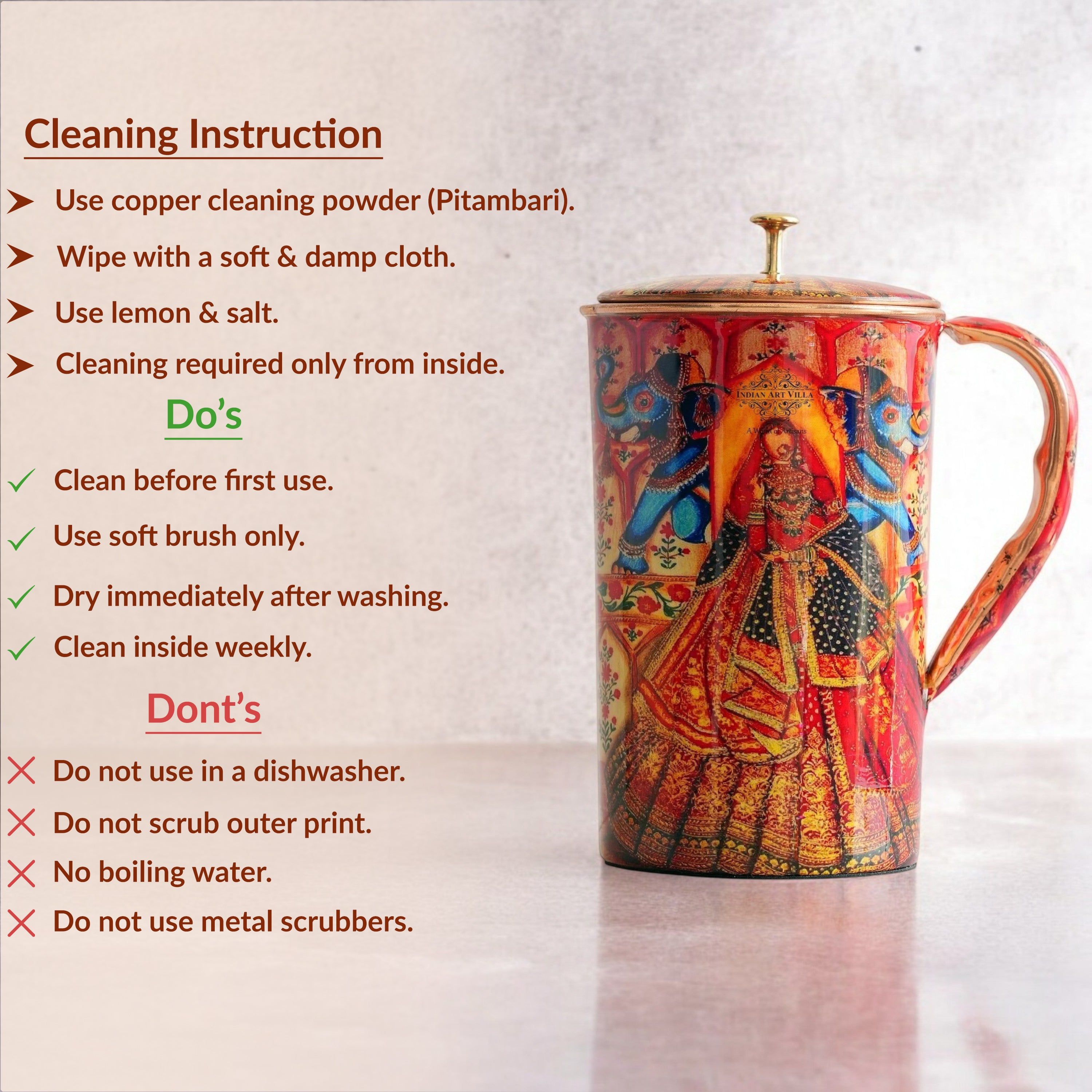 Pure copper printed jug padharo mhare desh design royalqueen, 2000 ML